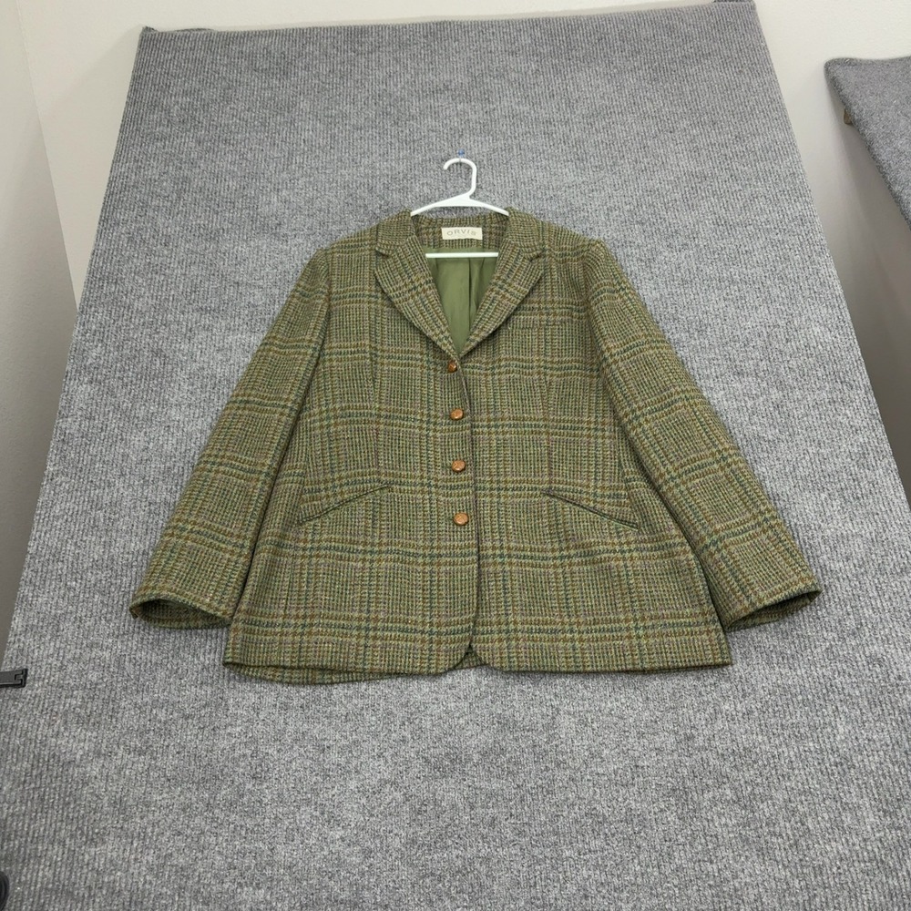 Vintage Orvis Blazer Womens 18 Green Wool Plaid Tweed Notch Lapel Academic Style